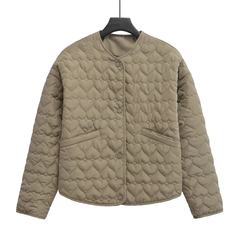 TRAF Winter Coats Woman Parkas Heart Quilted Jacket Women Autumn Long Sleeve Black White Padded Jacket Warm Lightweight Coat