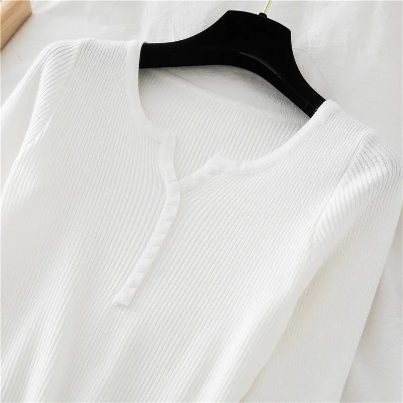2025 Autumn Winter Button V Neck Sweater Women Basic Slim Pullover Women Sweaters And Pullovers Knit Jumper Soft Warm Tops