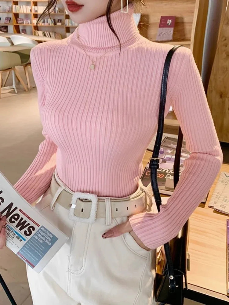 2025 Base Sweater Autumn Winter Thick Turtleneck Sweater Casual Slim Knitted Pullover Korean Style Simple Base Layer Warm Tops