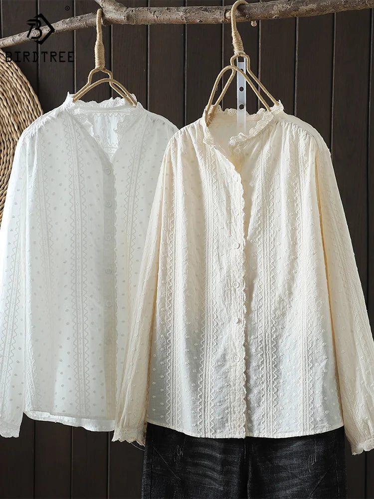 New Autumn Cotton Shirt Women Lapel Embroidery Lace Top Girl Long Sleeve Loose Sweet Casual Blouse Retro 2024 Spring T41816QM