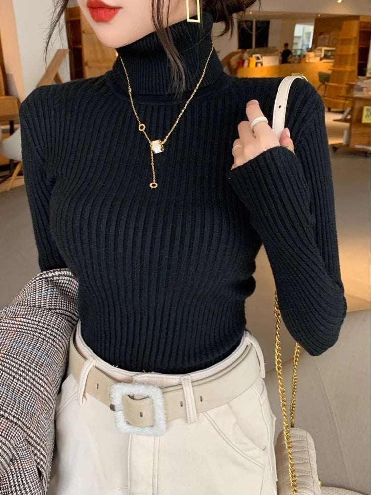 2025 Base Sweater Autumn Winter Thick Turtleneck Sweater Casual Slim Knitted Pullover Korean Style Simple Base Layer Warm Tops