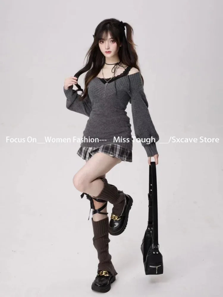 Knitted Suits Autumn Winter Woman V-neck French Vintage Long Sleeve Pullovers Knitwears 2000s Aesthetic Korean Sweater Sets Y2k