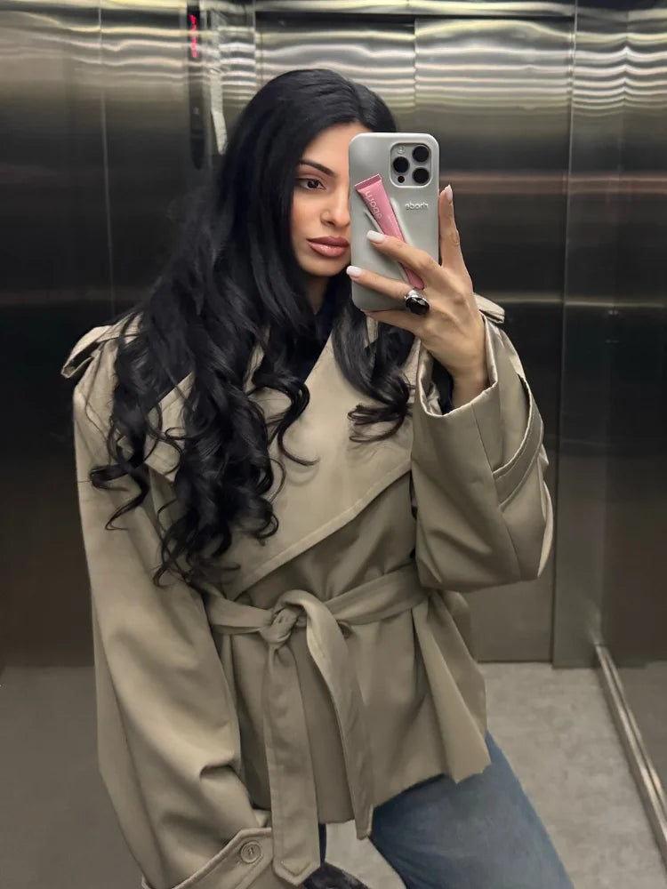 Women Khaki Lace Up Pocket Windbreaker Casual Long Sleeve Stand Up Collar Loose Short Jacket New Female High Street Wear 2025