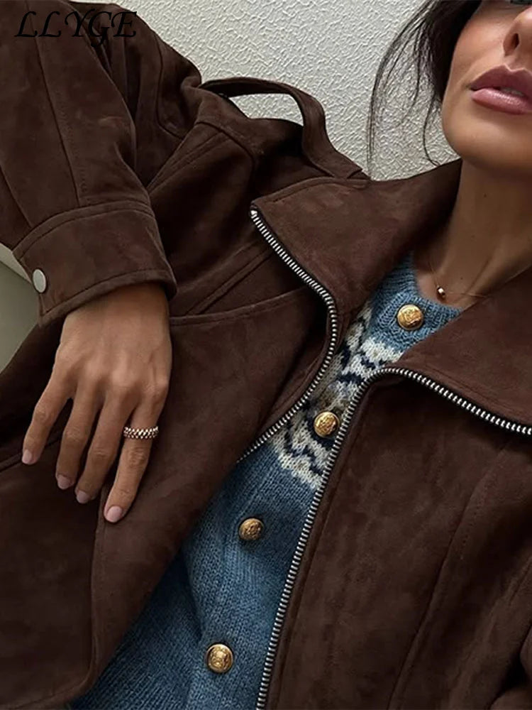 Street Women's Belt Short Suede Jackets Loose Lapel Full Sleeve Zipper Female Coats 2025 Spring Lady Vintage Patchwork Outwear