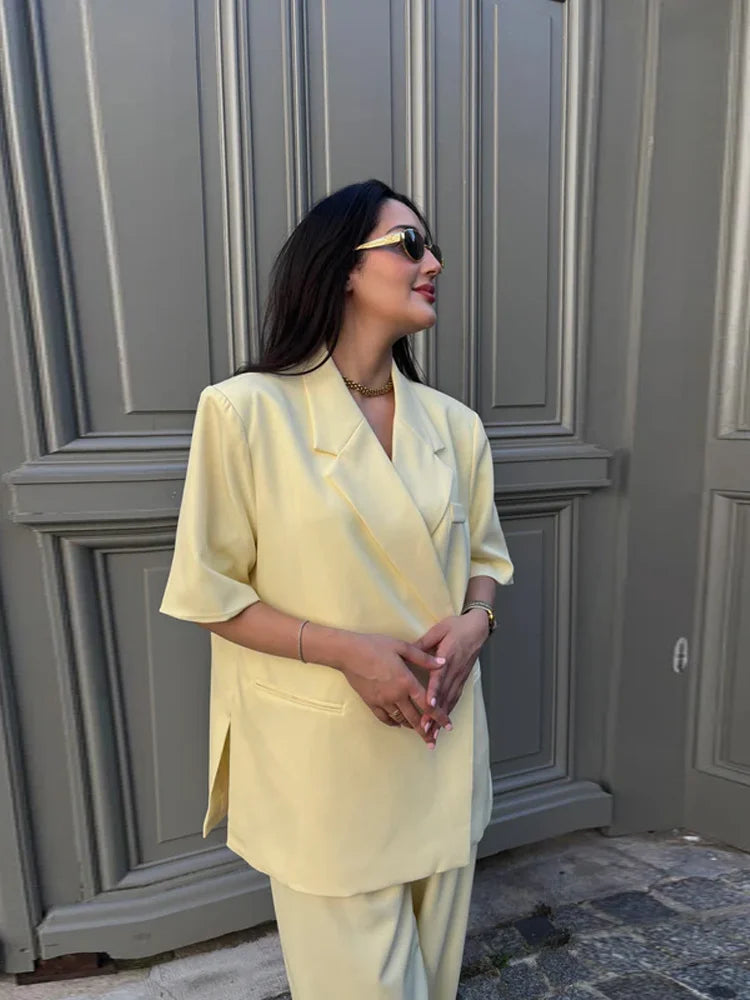 Oversize Elegant Suit Jacket Women Coat Single Breasted Shoulder Pads Notched Commute Pocket Split Street 2025 Summer Outwear