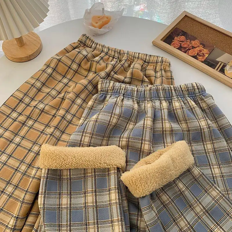 Padded Thickened Wide Leg Pants Winter LambswoolPlaid Pants Female High Waist Casual Straight Pants