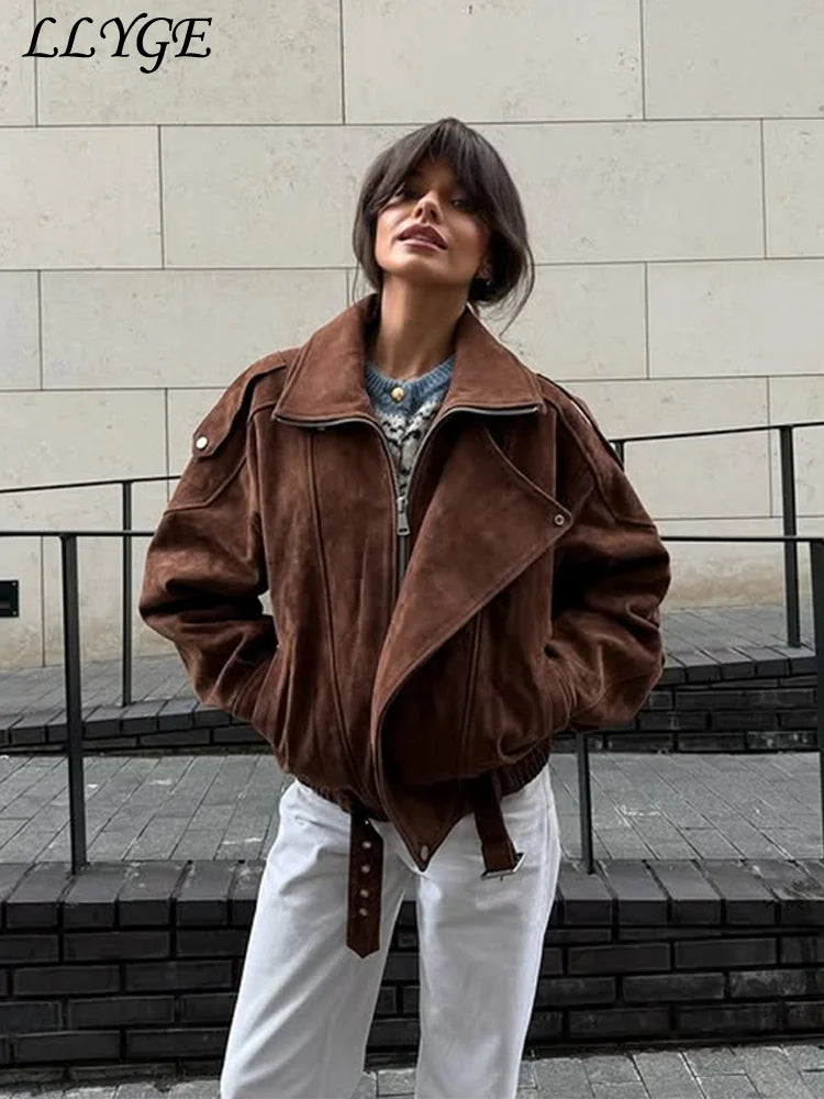 Street Women's Belt Short Suede Jackets Loose Lapel Full Sleeve Zipper Female Coats 2025 Spring Lady Vintage Patchwork Outwear