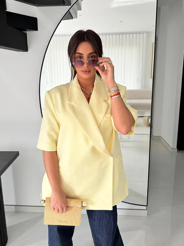 Oversize Elegant Suit Jacket Women Coat Single Breasted Shoulder Pads Notched Commute Pocket Split Street 2025 Summer Outwear