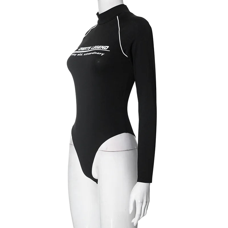 Long Sleeve Body Suits Women Fall Winter Clothes Letter Printed Black White Graphic Tops Y2k Streetwear