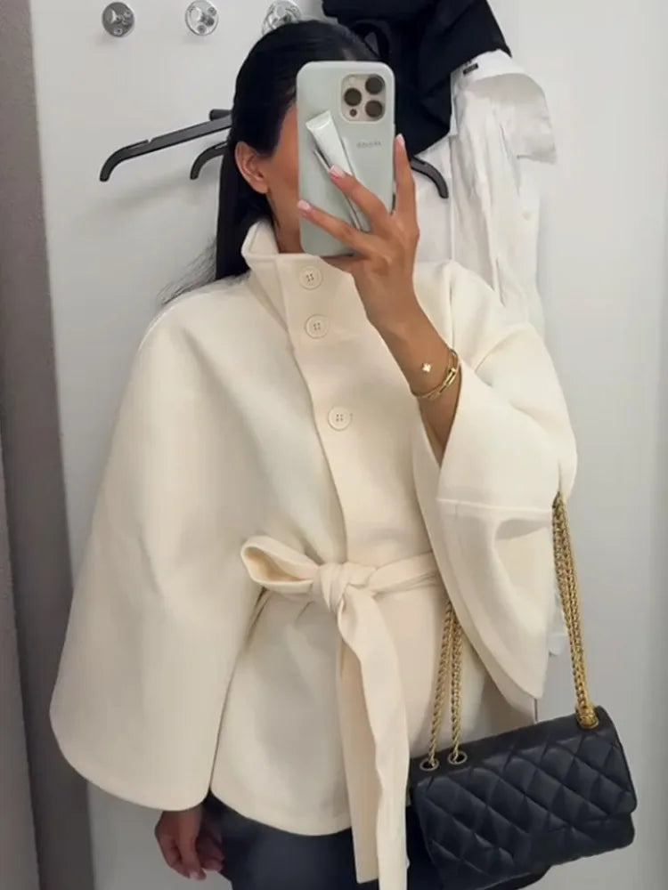 Fashion Solid Women's Lace Up Woolen Coats Loose Stand Collar Button Long Sleeve Thick Jackets 2025 Autumn Winter Lady Outerwear