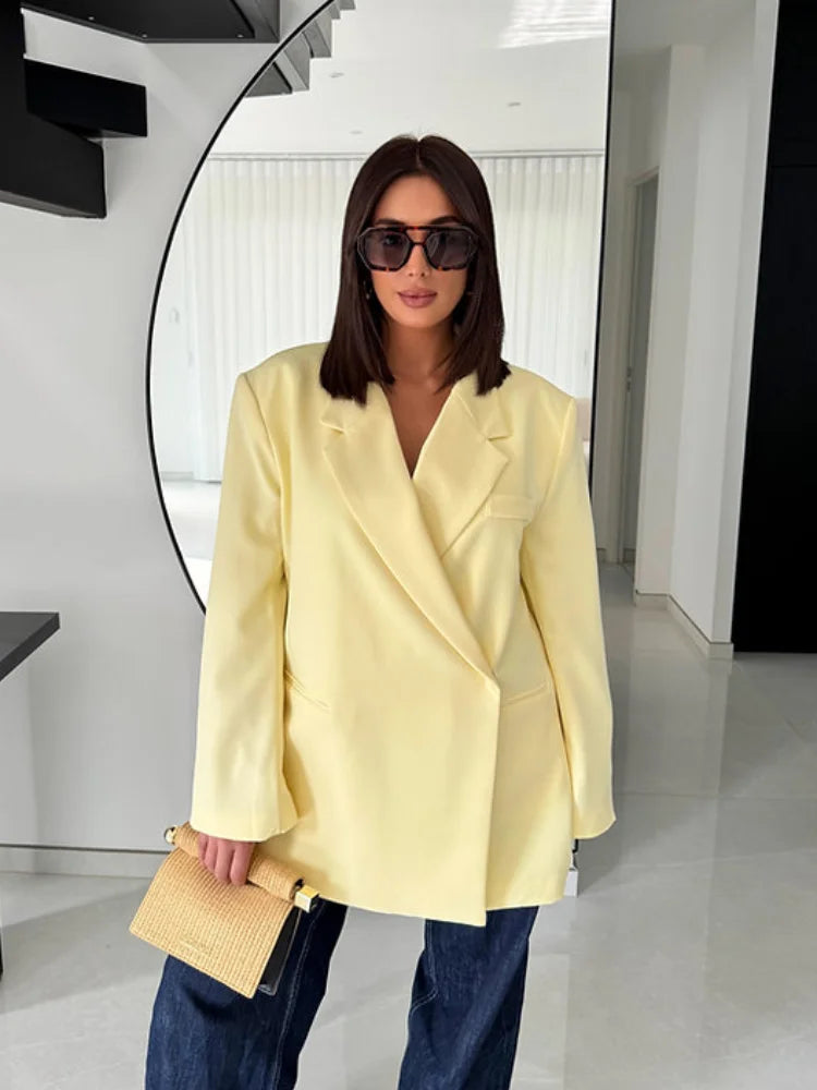 Oversize Elegant Suit Jacket Women Coat Single Breasted Shoulder Pads Notched Commute Pocket Split Street 2025 Summer Outwear