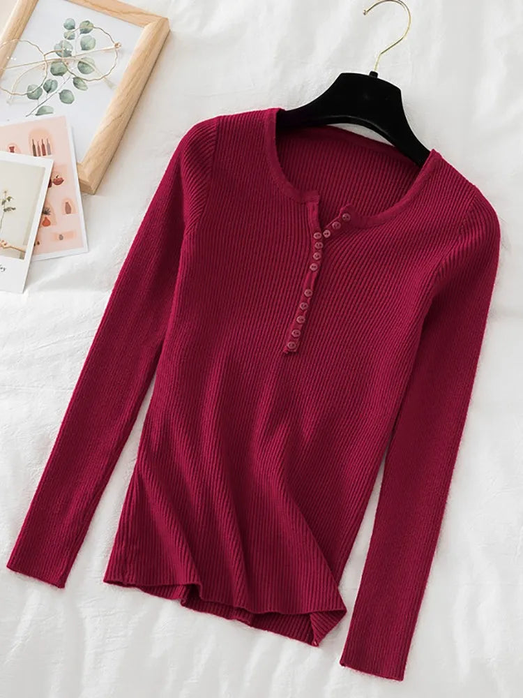 2025 Autumn Winter Button V Neck Sweater Women Basic Slim Pullover Women Sweaters And Pullovers Knit Jumper Soft Warm Tops
