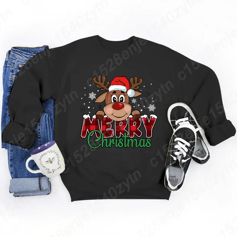Women's Festive Christmas Reindeer & Plaid Graphic Sweatshirt Casual Loose Fit Long Sleeve Crew Neck Sweatshirts for Winter