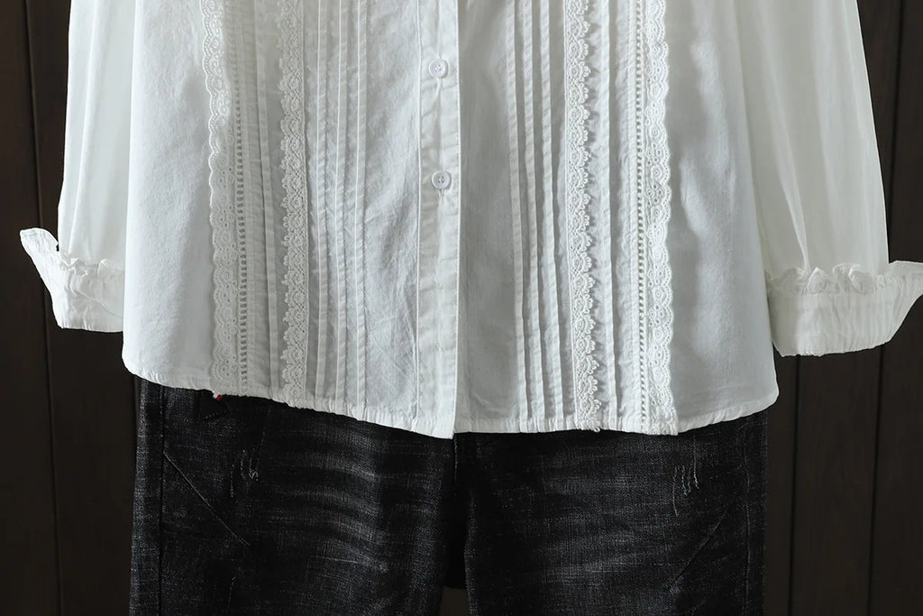 New Spring Cotton Casual White Shirts Women Loose Ruched Lace Blouse Girl Long Sleeve Sweet Sweet Top 2024 Autumn T455104QM
