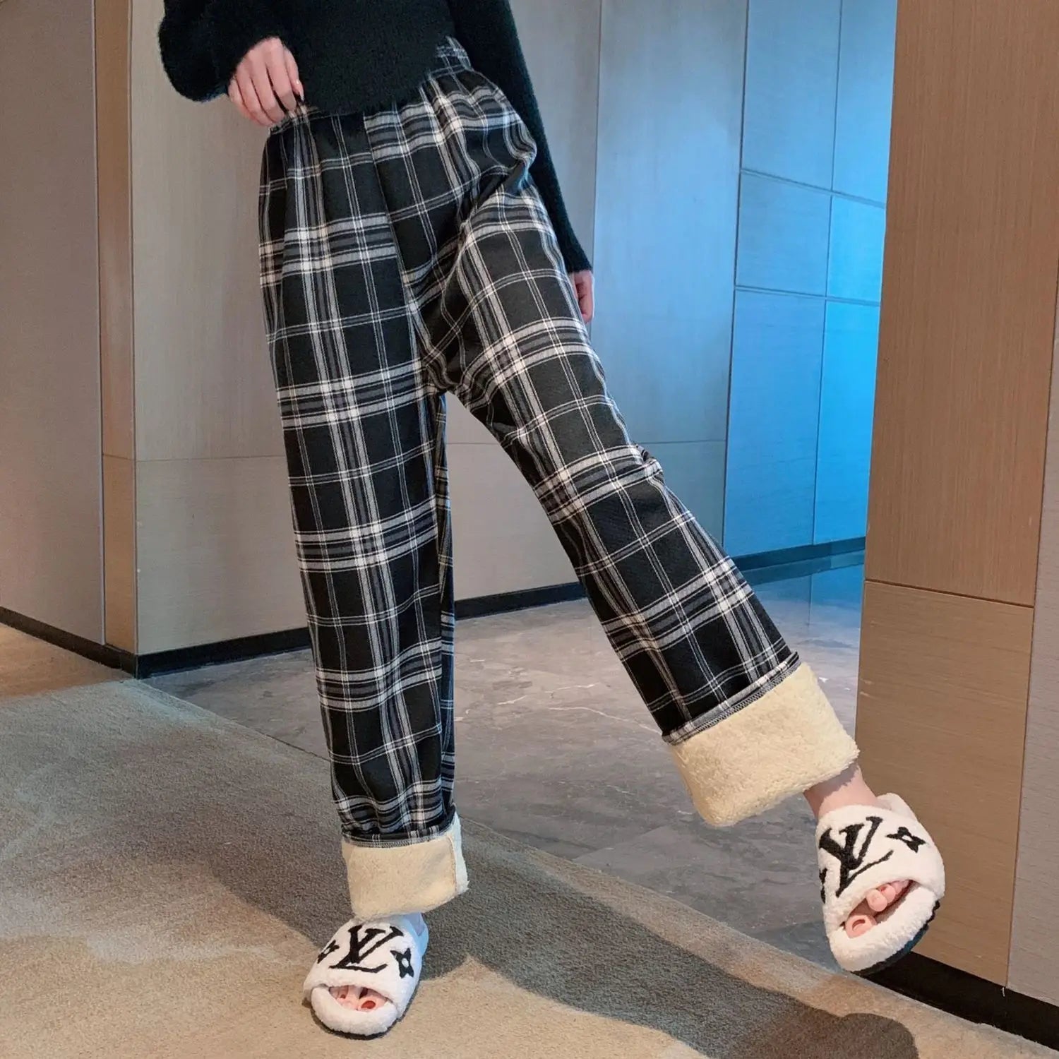 Padded Thickened Wide Leg Pants Winter LambswoolPlaid Pants Female High Waist Casual Straight Pants