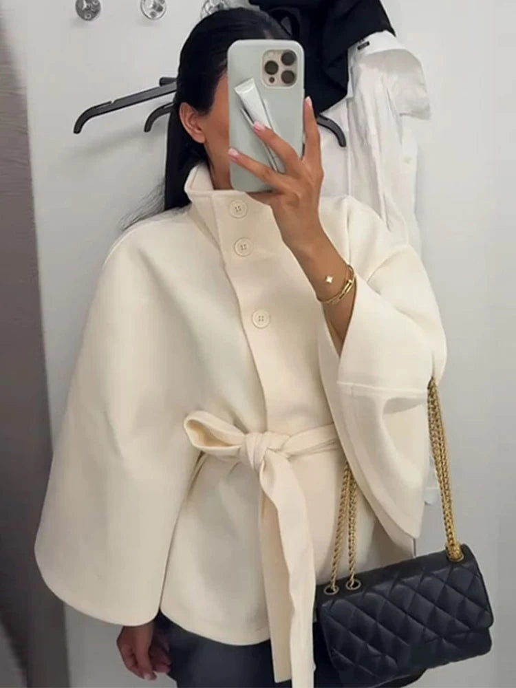 Fashion Solid Women's Lace Up Woolen Coats Loose Stand Collar Button Long Sleeve Thick Jackets 2025 Autumn Winter Lady Outerwear