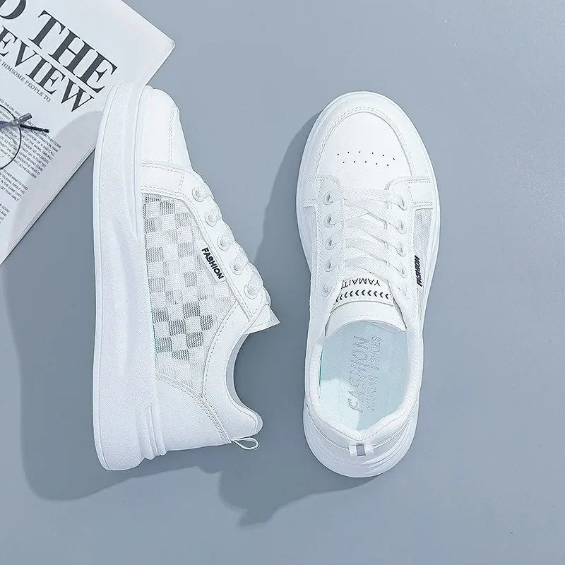 Women's Shoes Summer 2023 Fashion Casual White Shoes Lace  Breathable Hollow Mesh Platform Flat Shoes Woman Sneakers