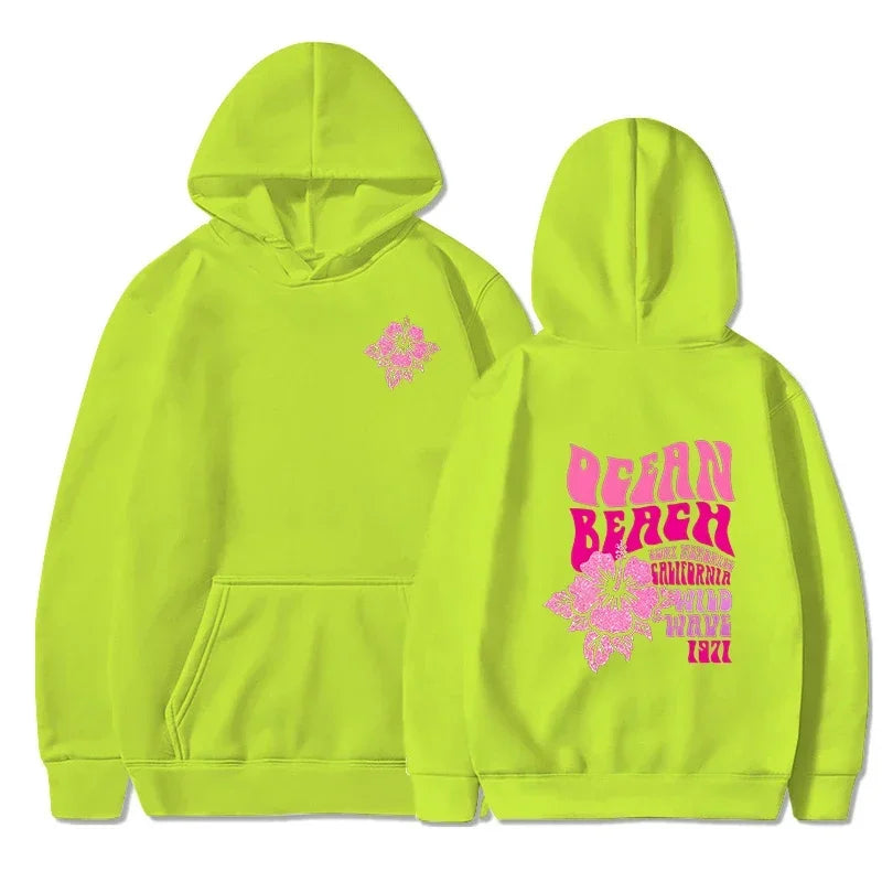 Women Fashion Casual Hoodies Ocean Beach Flower Slogan Front Back Pink Sweatshirts Beach Aesthetic Pullover Hoodie Trip Tops