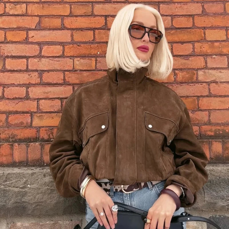 Street Women's Belt Short Suede Jackets Loose Lapel Full Sleeve Zipper Female Coats 2025 Spring Lady Vintage Patchwork Outwear