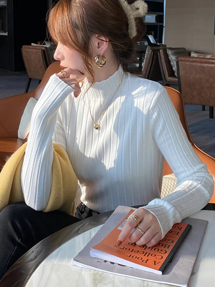 Autumn Winter Knitted Ribbed Turtleneck Sweater Women Clothes 2025 Long Sleeve Slim Basic Pullover Woman Sweaters Solid Tops