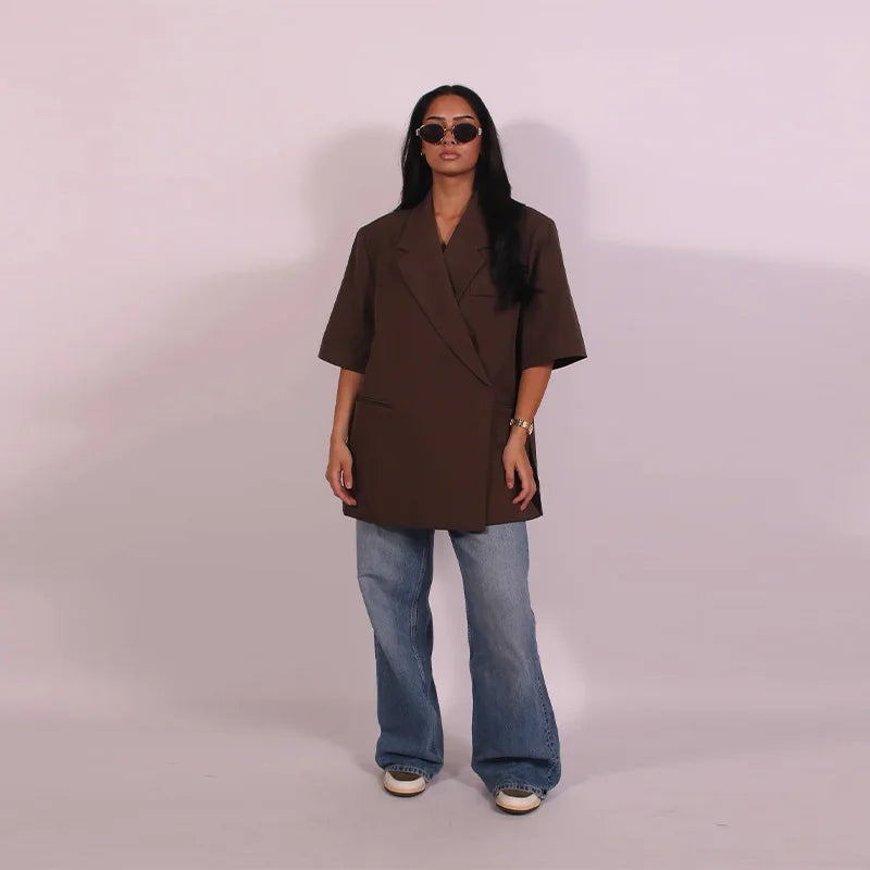 Oversize Elegant Suit Jacket Women Coat Single Breasted Shoulder Pads Notched Commute Pocket Split Street 2025 Summer Outwear