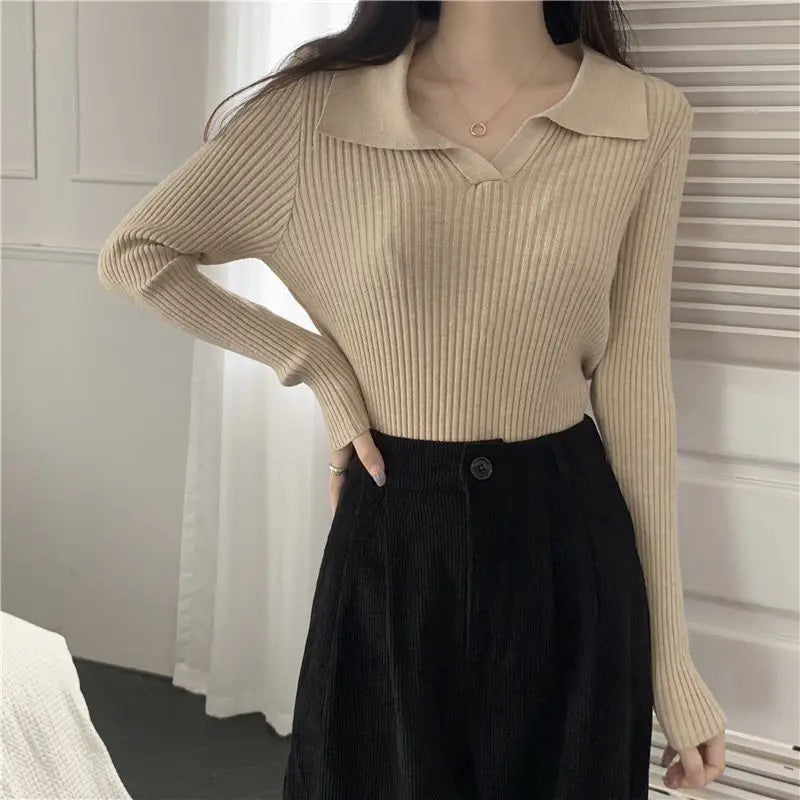 Autumn Winter Women Lapel Pullover Sweaters Basic Long Sleeve Knitted Sweater for Woman Solid Color Jersey Tops Clothes Mujer