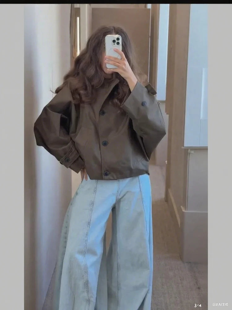 Detachable Hat Women's Jacket Coat Stand-Up Collar Single Breasted Batwing Sleeve Female Jackets Street Waterproof Coats Ladies