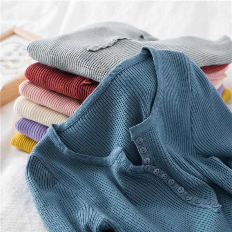 2025 Autumn Winter Button V Neck Sweater Women Basic Slim Pullover Women Sweaters And Pullovers Knit Jumper Soft Warm Tops