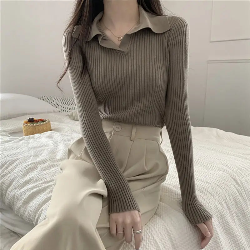 Autumn Winter Women Lapel Pullover Sweaters Basic Long Sleeve Knitted Sweater for Woman Solid Color Jersey Tops Clothes Mujer