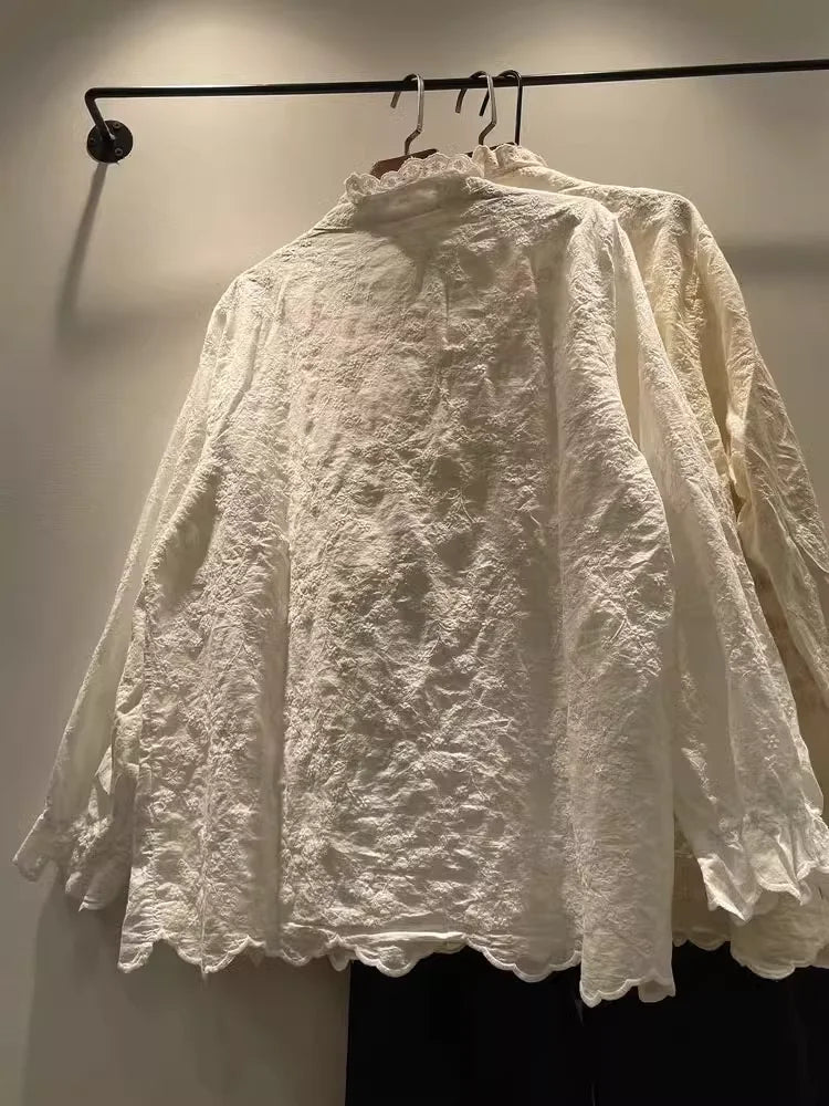 2025 Mori girl Japan style bohemian white beige embroidery shirts long sleeve blouses for women bow blouses boho clothing