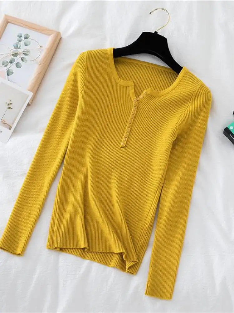 2025 Autumn Winter Button V Neck Sweater Women Basic Slim Pullover Women Sweaters And Pullovers Knit Jumper Soft Warm Tops