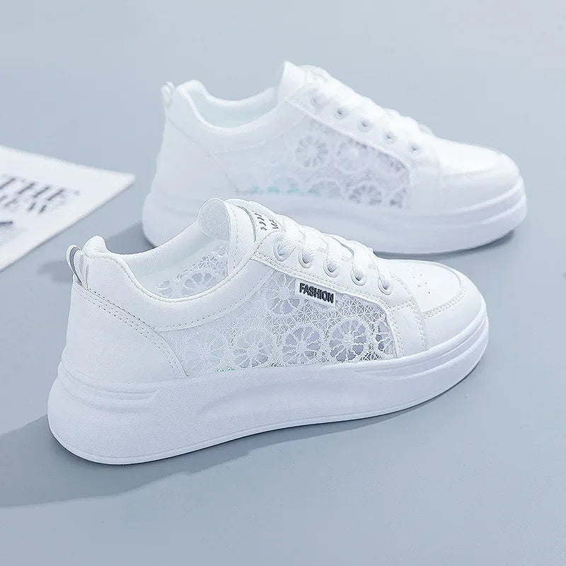 Women's Shoes Summer 2023 Fashion Casual White Shoes Lace  Breathable Hollow Mesh Platform Flat Shoes Woman Sneakers