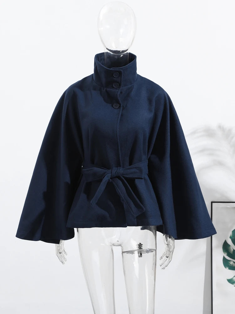 Fashion Solid Women's Lace Up Woolen Coats Loose Stand Collar Button Long Sleeve Thick Jackets 2025 Autumn Winter Lady Outerwear