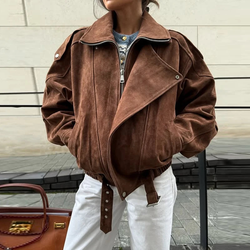 Street Women's Belt Short Suede Jackets Loose Lapel Full Sleeve Zipper Female Coats 2025 Spring Lady Vintage Patchwork Outwear