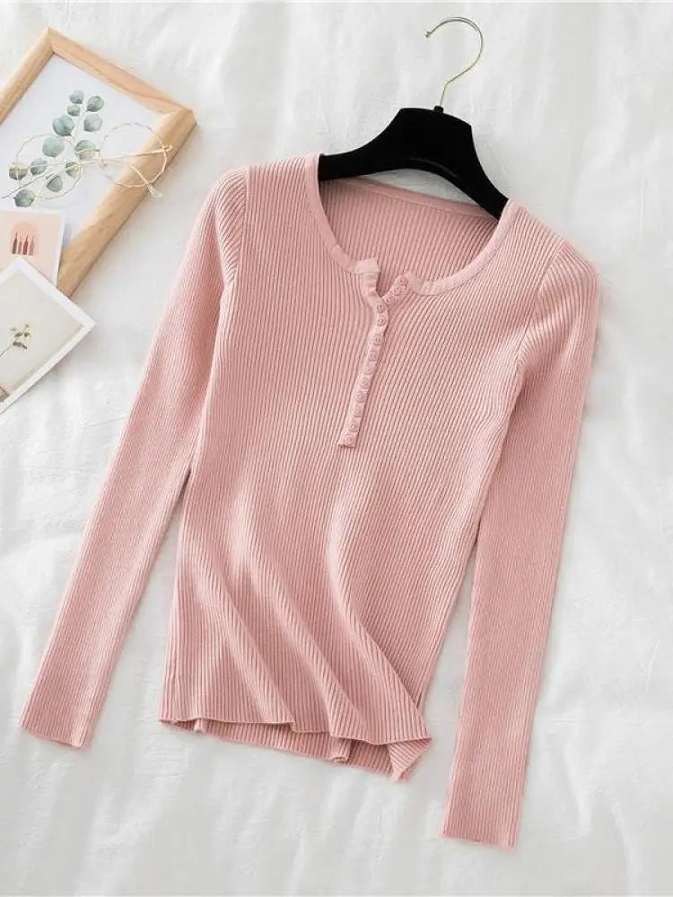 2025 Autumn Winter Button V Neck Sweater Women Basic Slim Pullover Women Sweaters And Pullovers Knit Jumper Soft Warm Tops