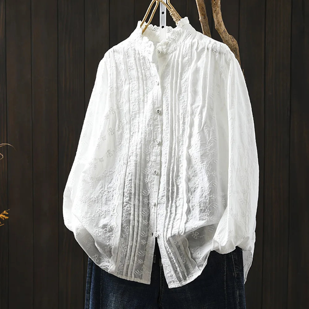 Fall clothes 2025 women cotton fine elegant blouses for women boho long sleeve lace embroider white blouses for lady tops