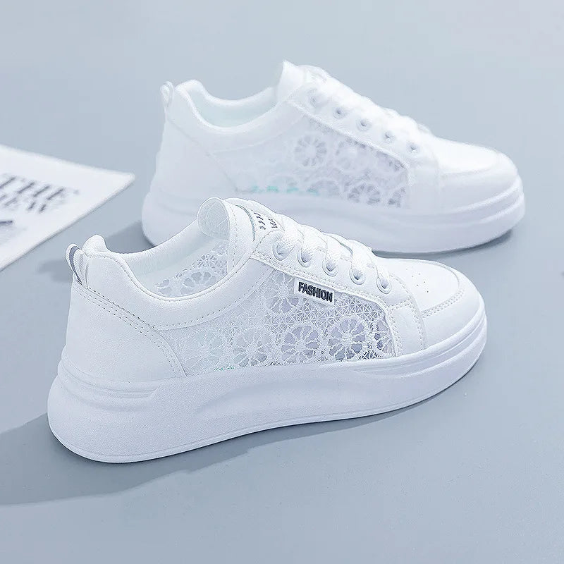 Women's Shoes Summer 2023 Fashion Casual White Shoes Lace  Breathable Hollow Mesh Platform Flat Shoes Woman Sneakers