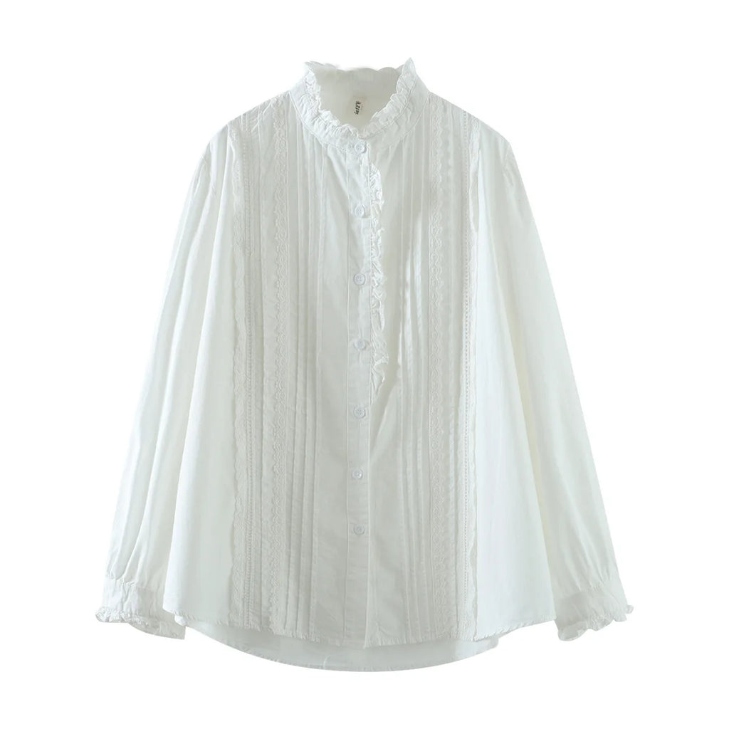 New Spring Cotton Casual White Shirts Women Loose Ruched Lace Blouse Girl Long Sleeve Sweet Sweet Top 2024 Autumn T455104QM