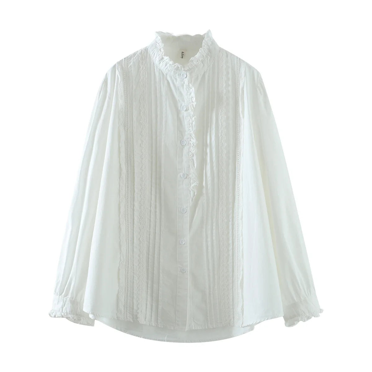 New Spring Cotton Casual White Shirts Women Loose Ruched Lace Blouse Girl Long Sleeve Sweet Sweet Top 2024 Autumn T455104QM