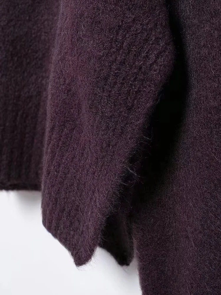 TRZA-Women's Soft Cropped Knit Sweater, Side Vents, O Neck, Long Sleeve, Female Pullovers, Chic Tops, Fashion