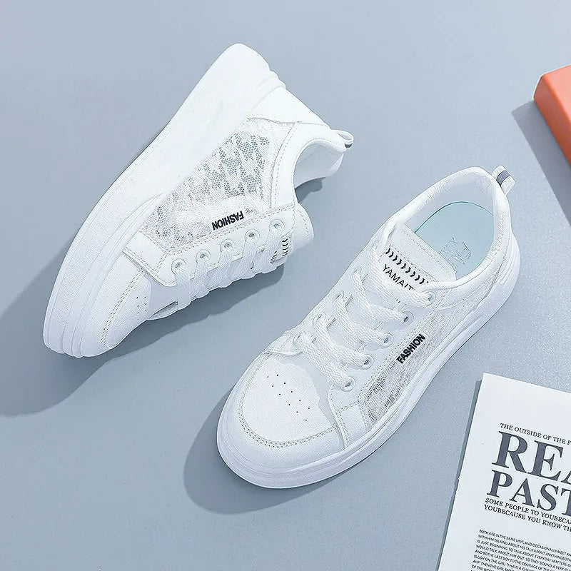 Women's Shoes Summer 2023 Fashion Casual White Shoes Lace  Breathable Hollow Mesh Platform Flat Shoes Woman Sneakers