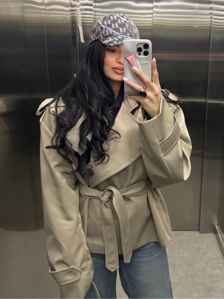 Women Khaki Lace Up Pocket Windbreaker Casual Long Sleeve Stand Up Collar Loose Short Jacket New Female High Street Wear 2025