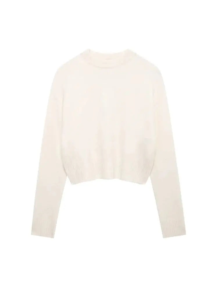 TRZA-Women's Soft Cropped Knit Sweater, Side Vents, O Neck, Long Sleeve, Female Pullovers, Chic Tops, Fashion