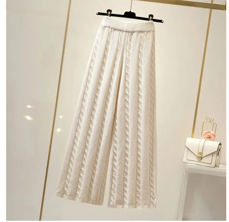 Winter Knitted Wide Leg Pants Women High Waist Drop Loose Knitted Straight Leg Pants Casual Cropped Wide Leg Pants Female Tops