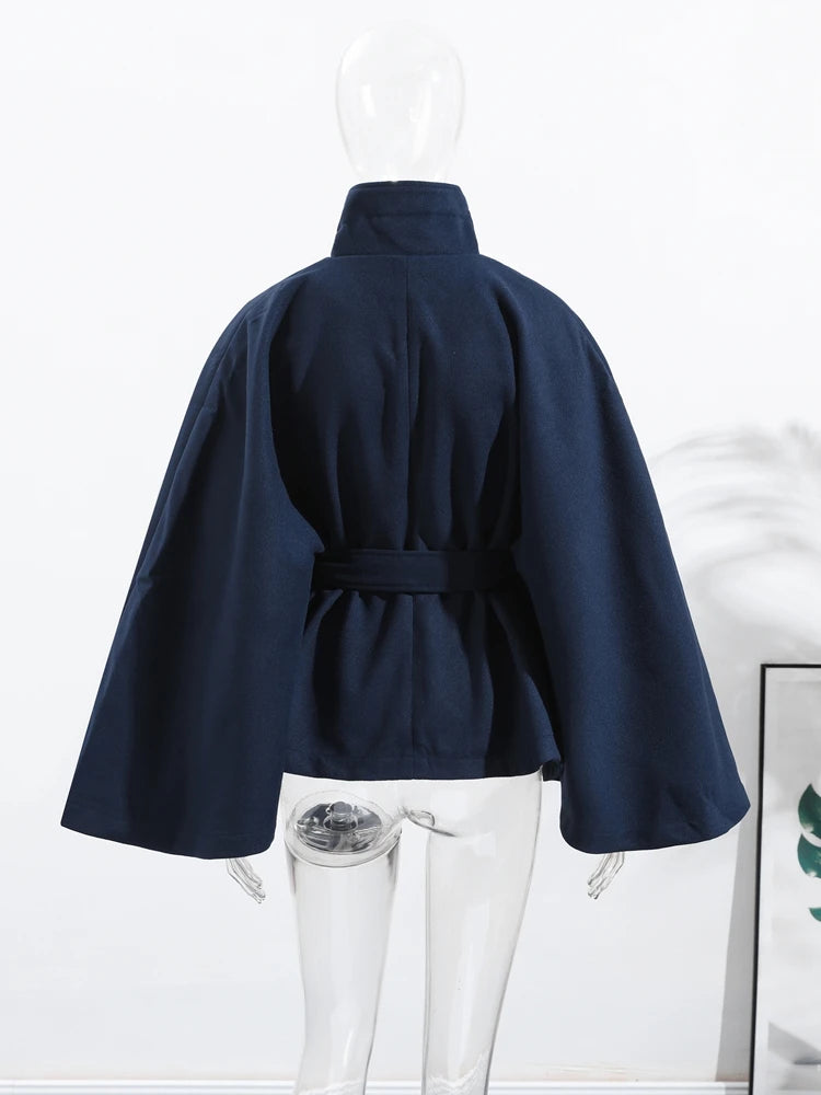 Fashion Solid Women's Lace Up Woolen Coats Loose Stand Collar Button Long Sleeve Thick Jackets 2025 Autumn Winter Lady Outerwear