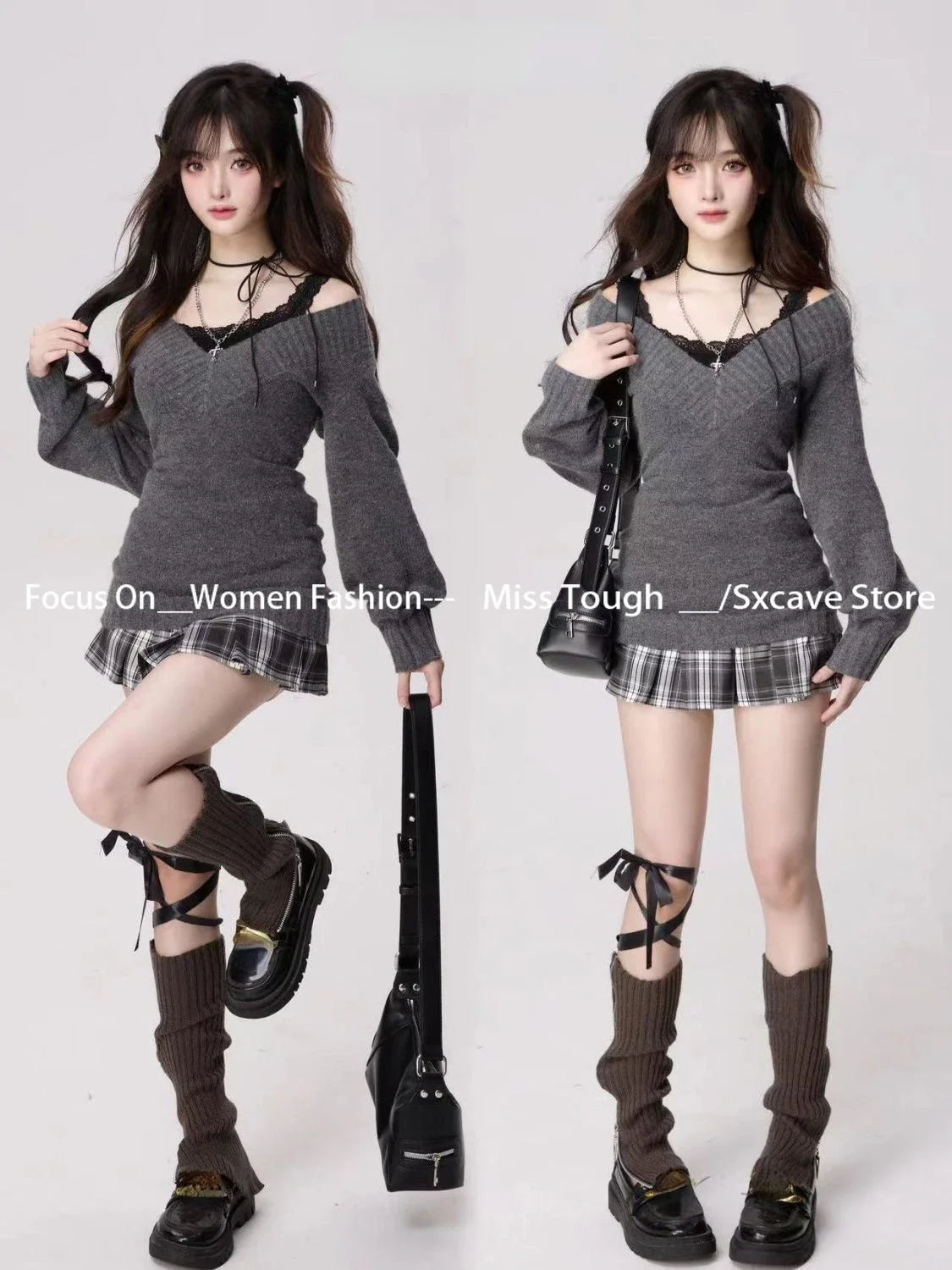 Knitted Suits Autumn Winter Woman V-neck French Vintage Long Sleeve Pullovers Knitwears 2000s Aesthetic Korean Sweater Sets Y2k