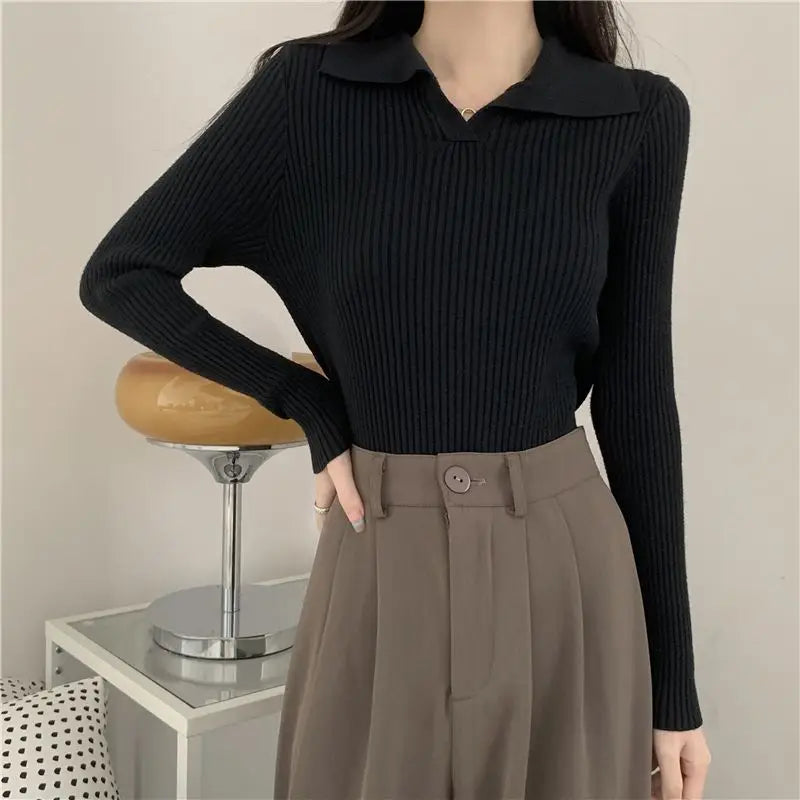 Autumn Winter Women Lapel Pullover Sweaters Basic Long Sleeve Knitted Sweater for Woman Solid Color Jersey Tops Clothes Mujer
