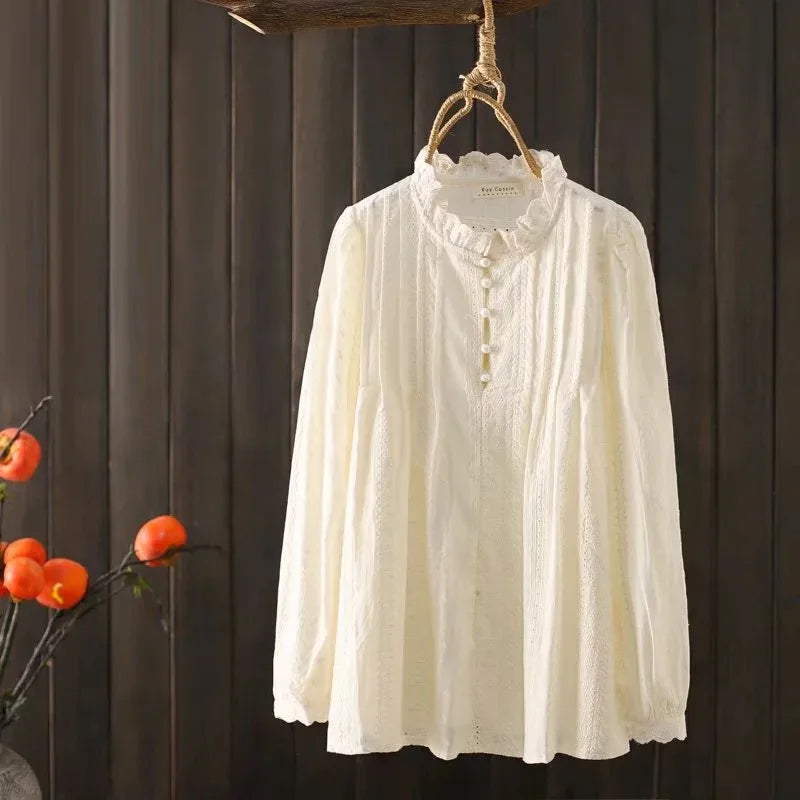 Bohemian Shirts & Blouses Women Pullover Female Korean Fashion Long Sleeve Blue Ruffled Lace Embroidered Cotton Blouses