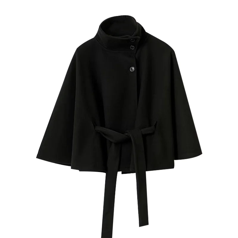 Fashion Solid Women's Lace Up Woolen Coats Loose Stand Collar Button Long Sleeve Thick Jackets 2025 Autumn Winter Lady Outerwear